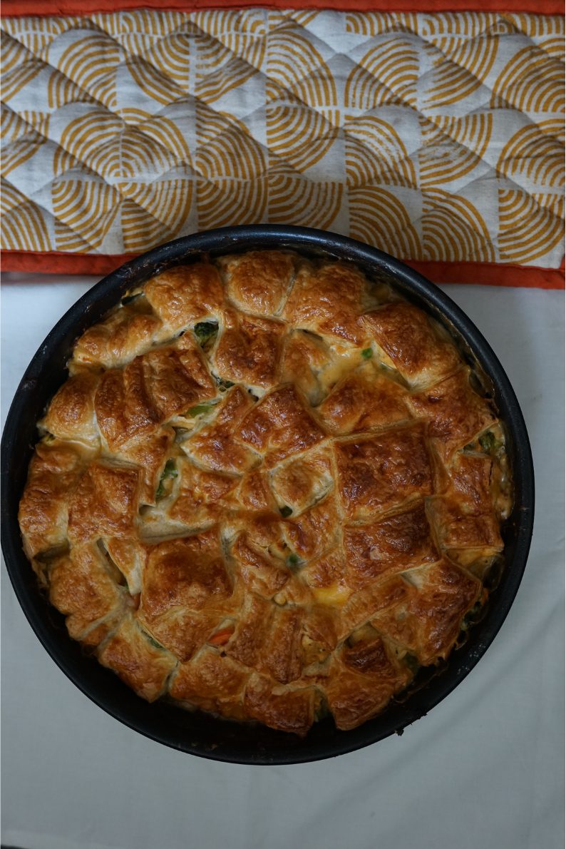 Golden one pot chicken pie in its dish