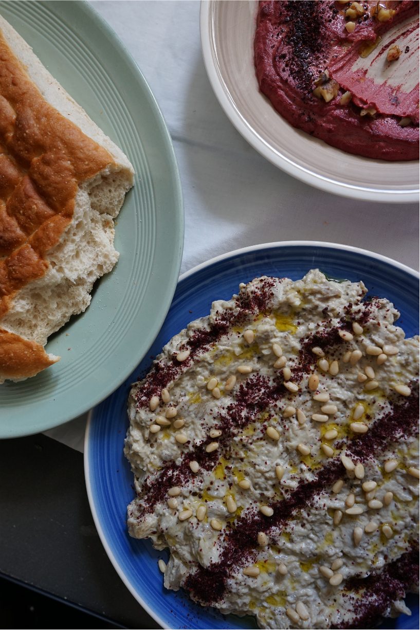 Baba ganoush and beetroot dip with bread